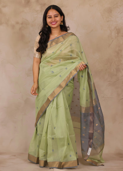 Pista Green Handloom Maheswari Silk Cotton Sarees | Looms & Tassels