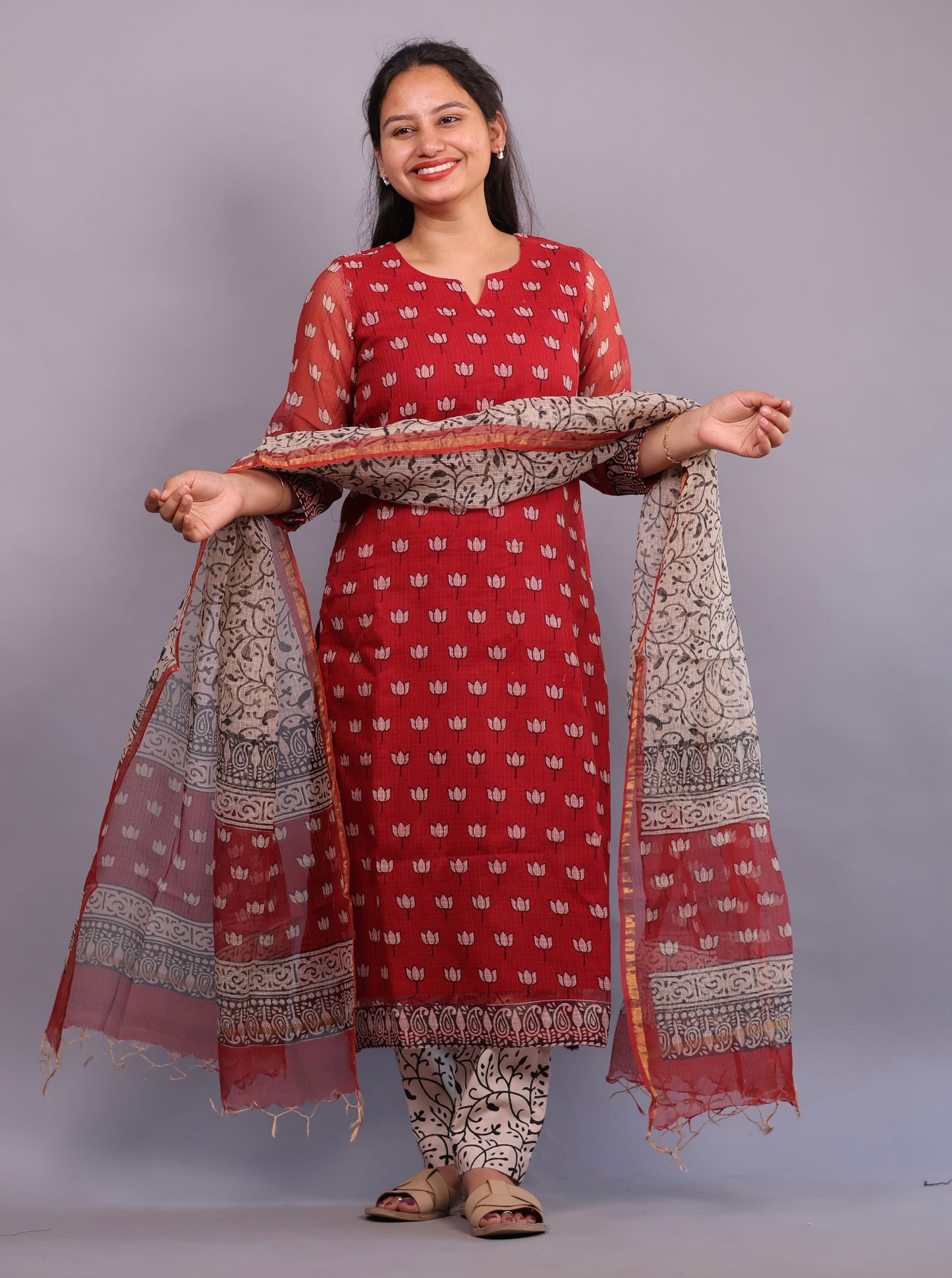 Red Lotus Handblock printed kota 3 piece suit (stitched)