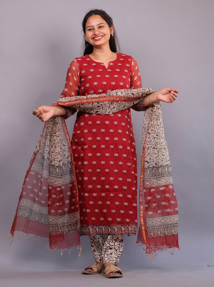 Red Lotus Handblock printed kota 3 piece suit (stitched)