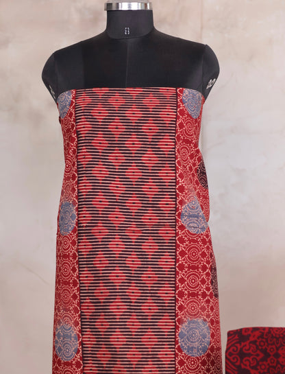 Maroon Ajrakh Handblock Printed Pure Cotton 3 piece suit set | Looms & Tassels