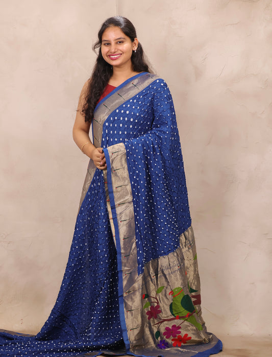 Blue Handcrafted Bandhani Paithani Dola Silk Saree | Looms & Tassels