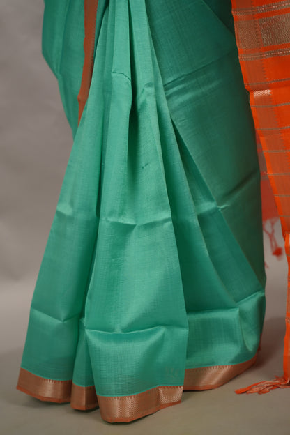 Sea Green & Orange Handloom Mangalagiri Silk Saree| Looms & Tassels