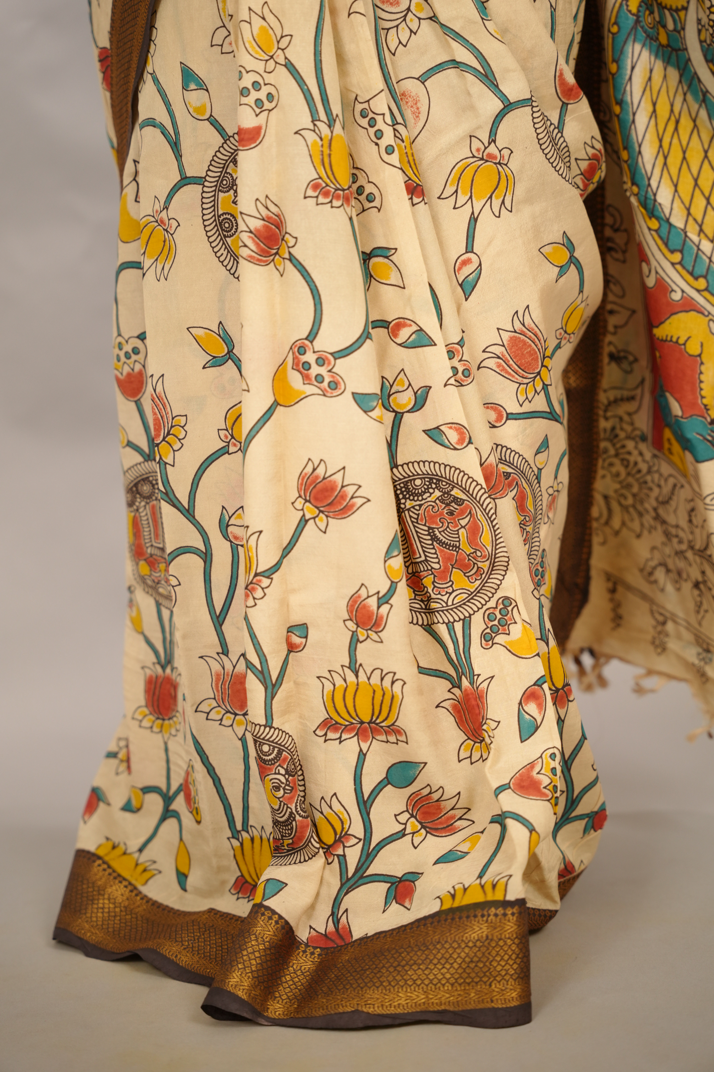 Cream Kalamkari Nizam Border Chennur Silk Saree | Looms & Tassels