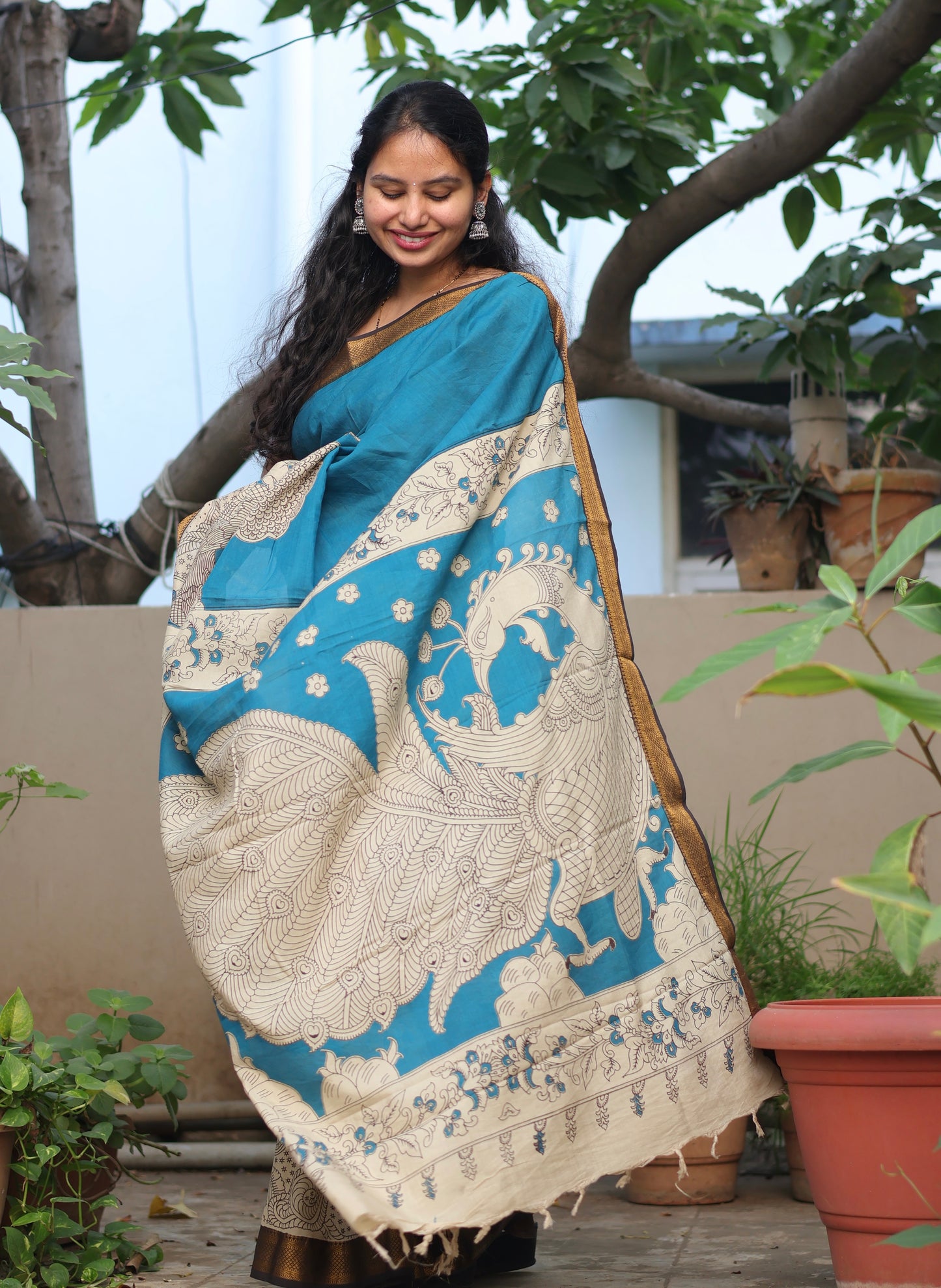 Teal Blue & Cream Traditional Folks Kalamkari Silk Handcrafted Nizam Border Saree