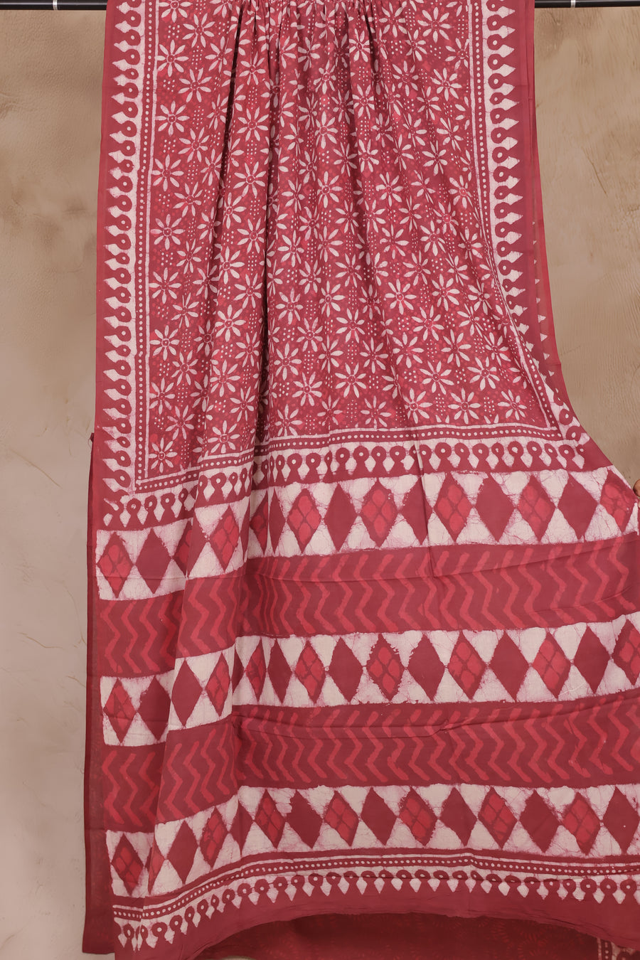 Dusty Rose Bagru Handblock printed MulMul cotton saree | Looms & Tassels