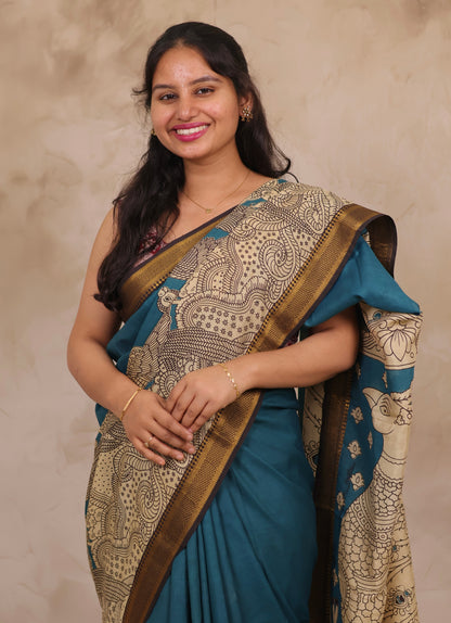 Blue Kalamkari Nizam Border Chennur Silk Saree | Looms & Tassels