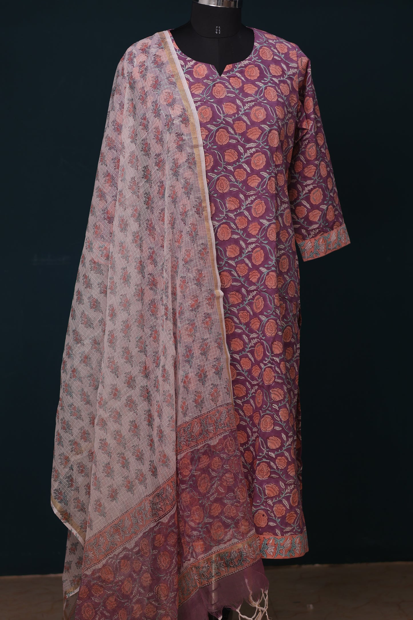 Lavender Handblock printed Pure Mul Cotton with Kota Doria Duppata 3 piece suit (stitched)