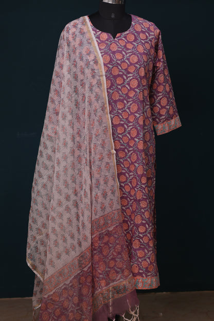 Lavender Handblock printed Pure Mul Cotton with Kota Doria Duppata 3 piece suit (stitched)