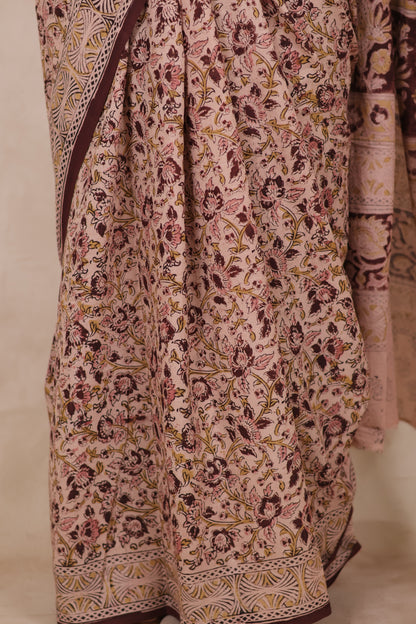 Cream Hand Block Printed Kalamkari Cotton Saree | Looms & Tassels