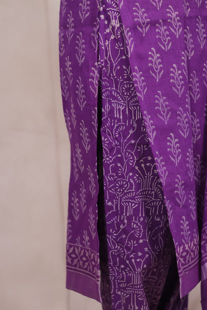 Purple Linen Cotton Handblock printed 3 piece suit (stitched)
