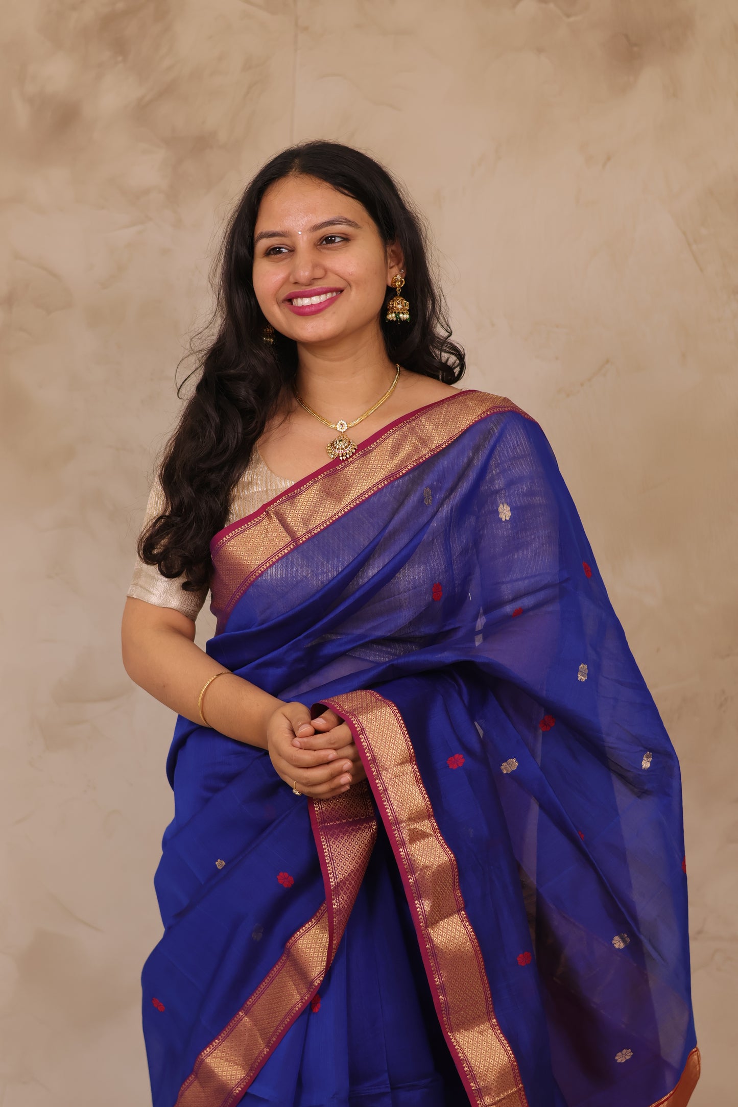 Blue & Red Handloom Maheswari Silk Cotton Sarees | Looms & Tassels