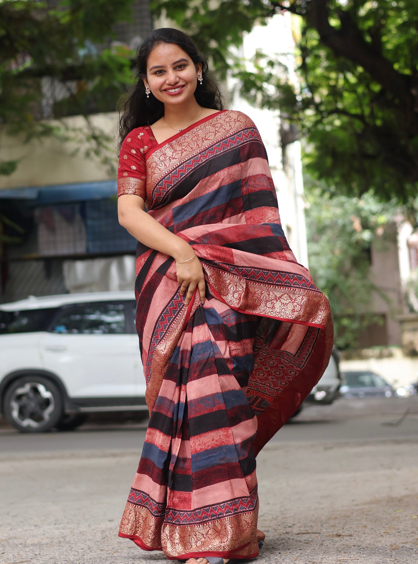 Stripes Contemporary Ajrakh Dola Silk Saree