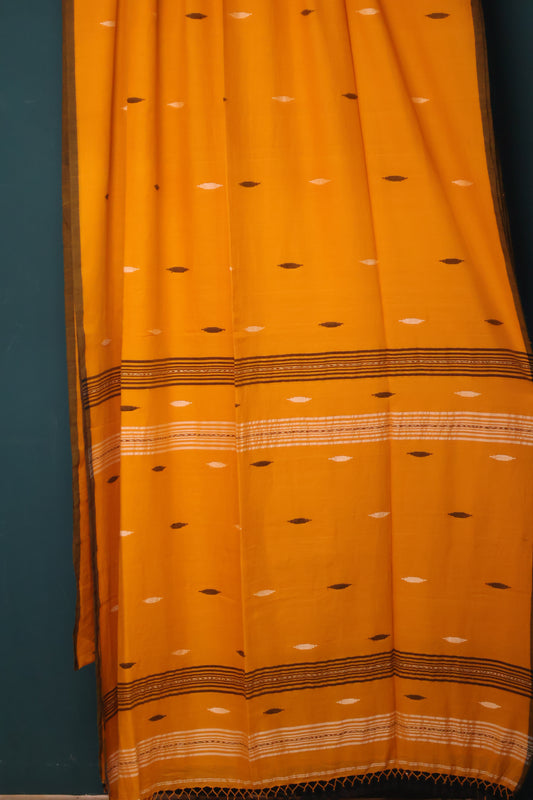 Mustard Pure Handwoven Malai Cotton Saree with Butta Weaving