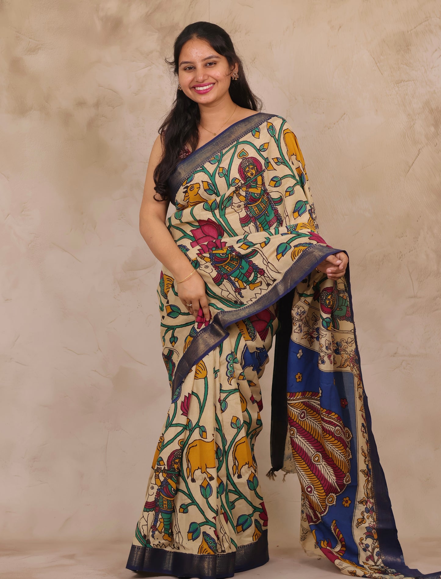 Cream Pichwai Design Kalamkari Nizam Border Chennur Silk Saree | Looms & Tassels