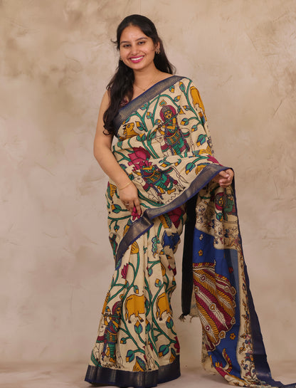 Cream Pichwai Design Kalamkari Nizam Border Chennur Silk Saree | Looms & Tassels