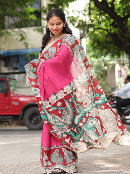 Pink & Red Kalamkari dyeing premium chennur silk saree