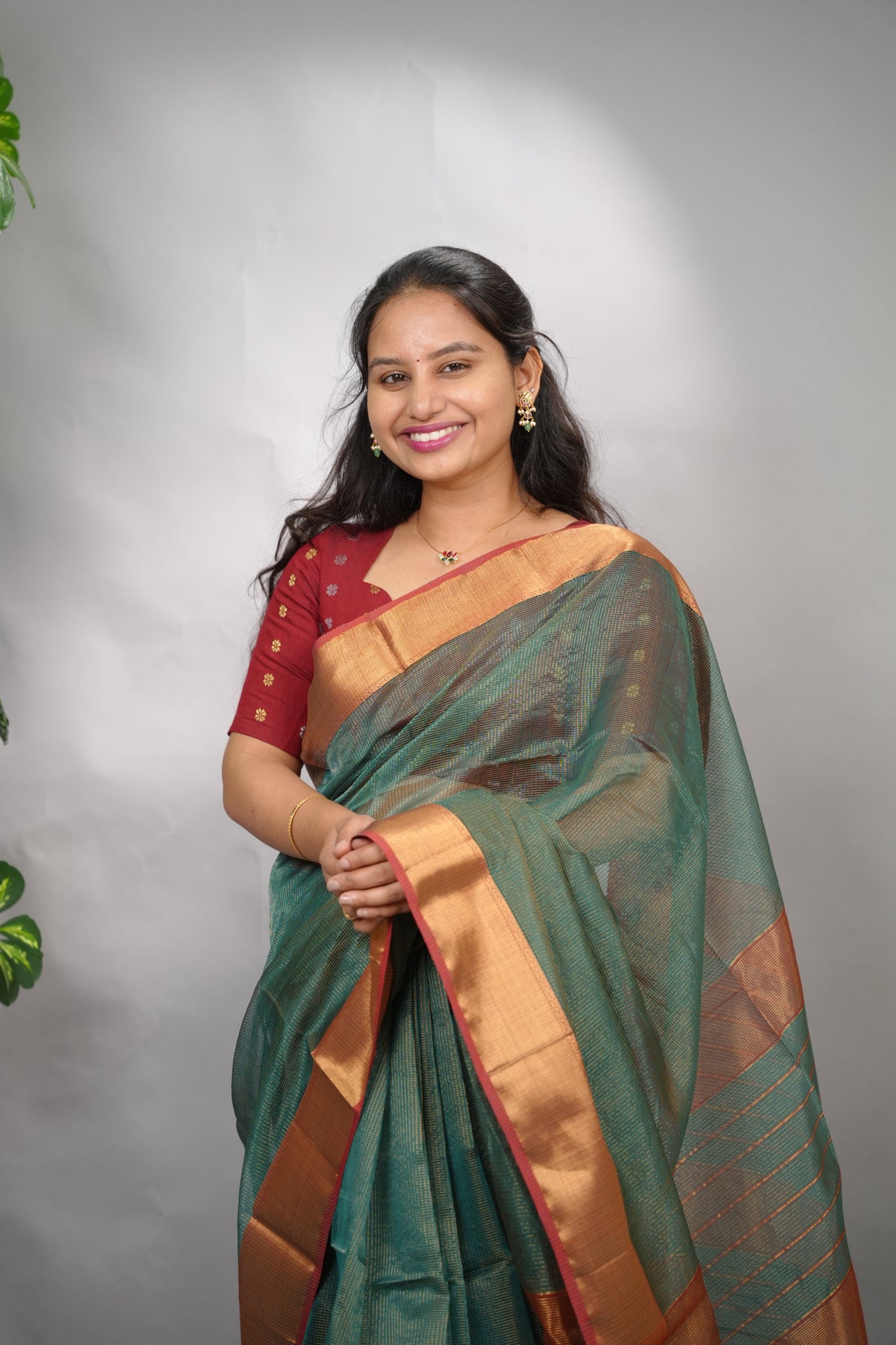 Sea Green Checks Handloom Maheswari Tissue Silk Cotton Sarees | Looms & Tassels