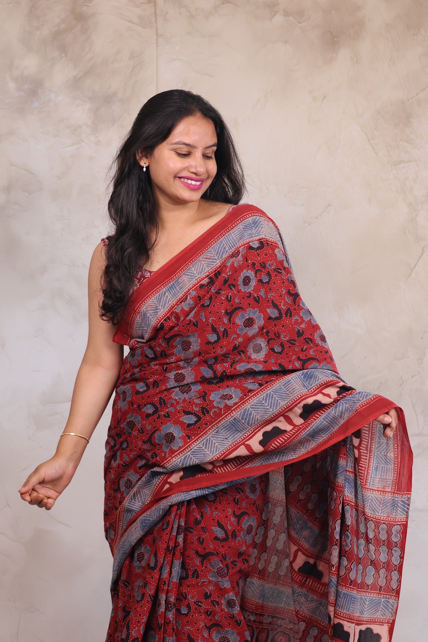 Red Ajrakh Hand Block Printed Mul Cotton Saree | Looms & Tassels