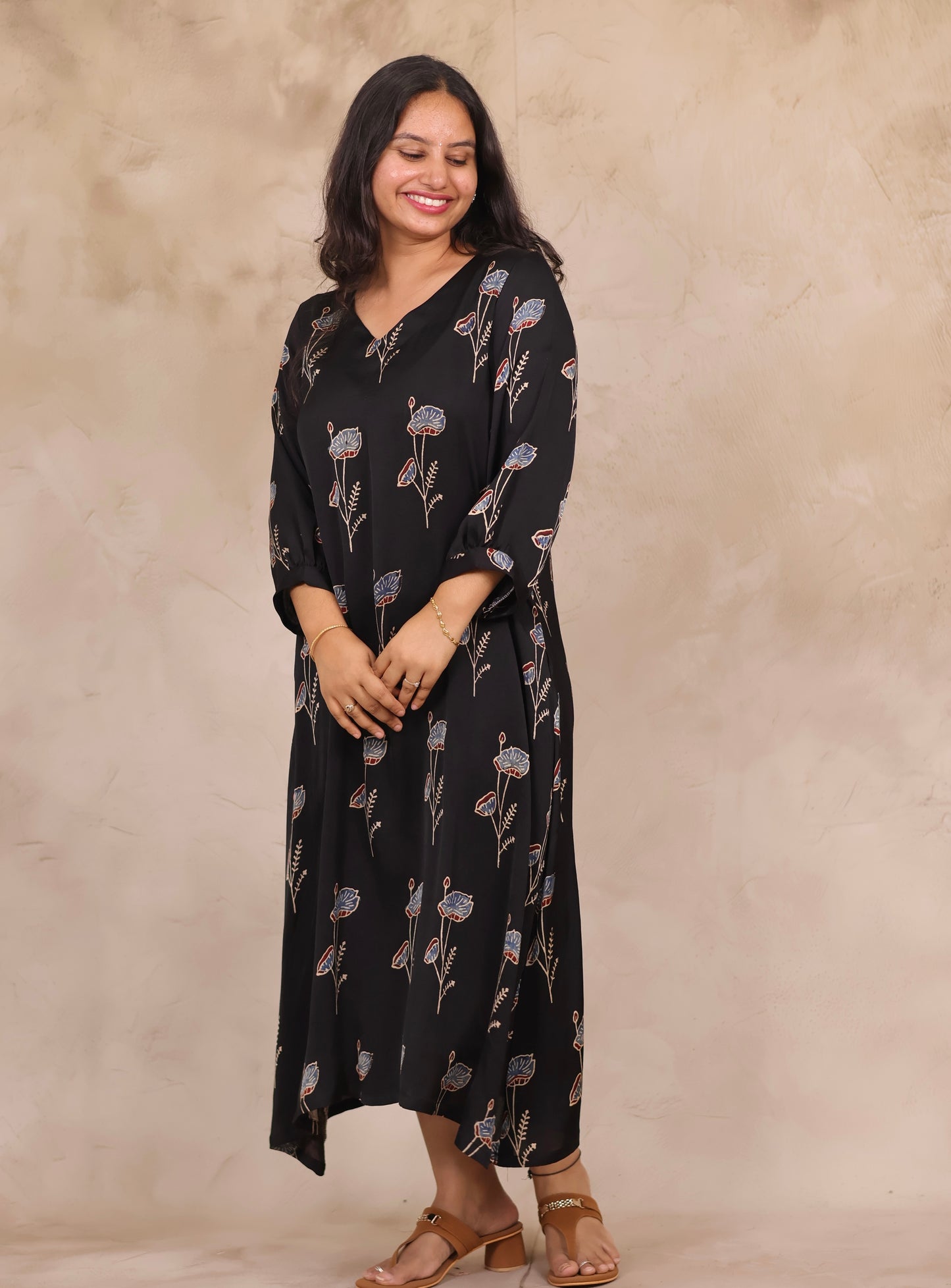Black Ajrakh Modal Silk Aline Dress | Looms & Tassels