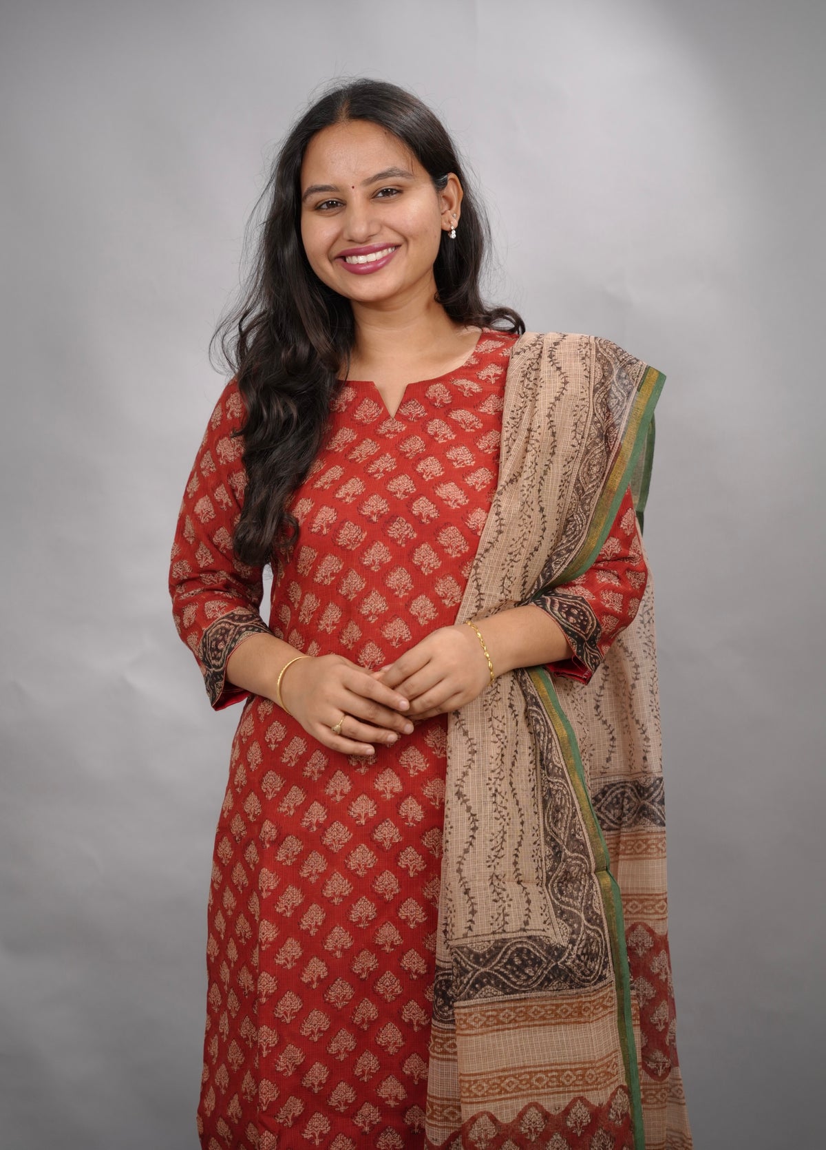 Maroon Handblock printed kota 3 piece suit (stitched)| Looms & Tassels