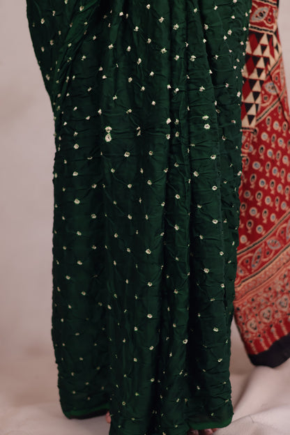Bottle Green Hand Knotted Bandhej Modal Silk Saree with Ajrakh Pallu | Looms & Tassels
