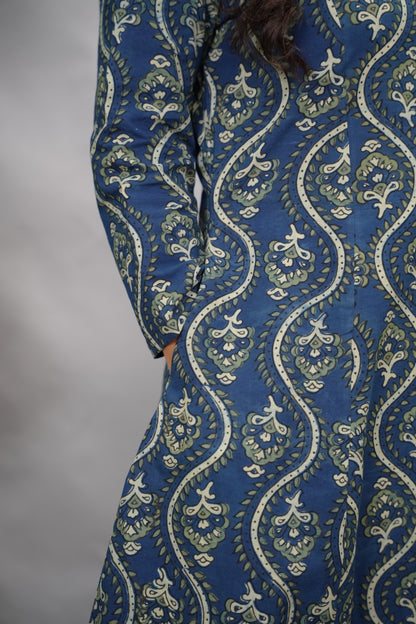 Indigo Ajrakh Cotton Kali Kurta | Looms & Tassels