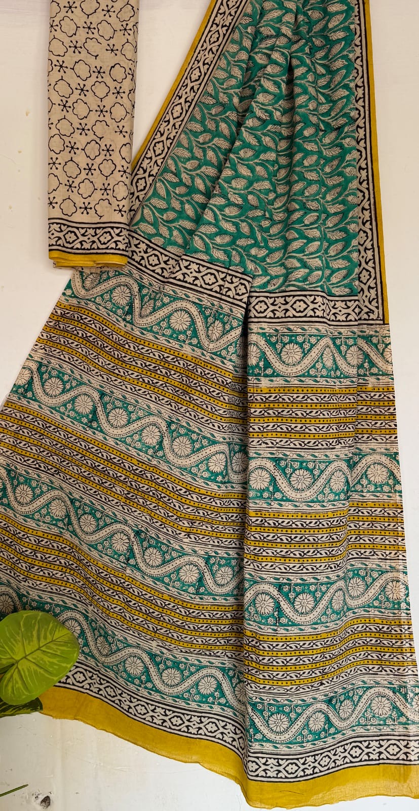 Sea Green Bagru Handblock printed MulMul cotton saree