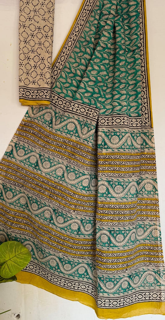 Sea Green Bagru Handblock printed MulMul cotton saree