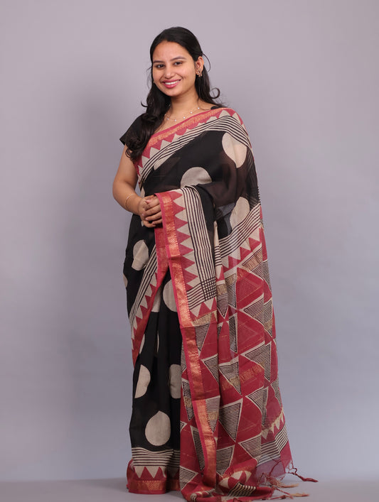 Black Bagru Hand Block Printed Maheswari Silk Cotton Saree