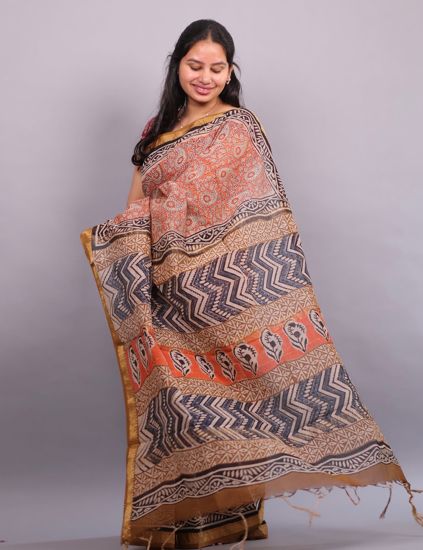 Orange Bagru Hand Block Printed Maheswari Silk Cotton Saree