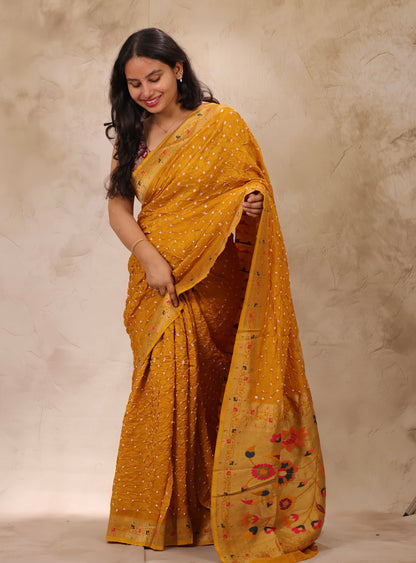 Mustard Handcrafted Bandhani Paithani Dola Silk Saree | Looms & Tassels
