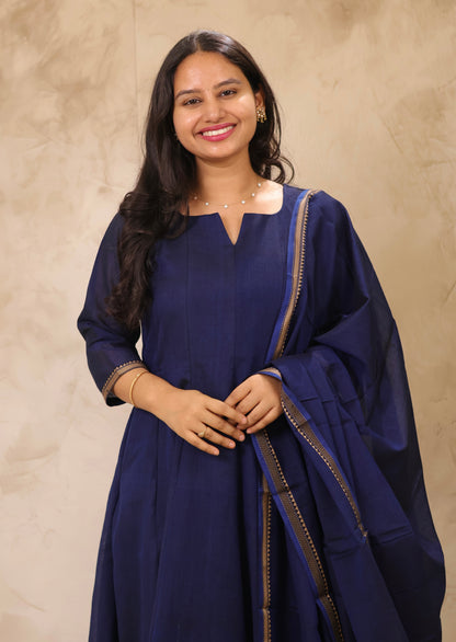 Blue Narayanpet Cotton Kali Kurta with Narayanpet Dupatta | Looms & Tassels