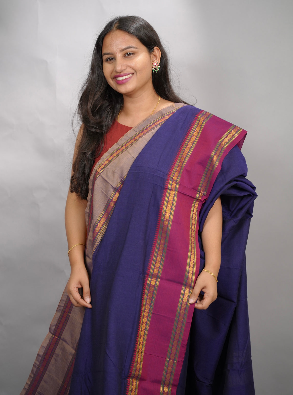 Blue Narayanpet Cotton Saree With Ganga And Jamuna Border | Looms & Tassels