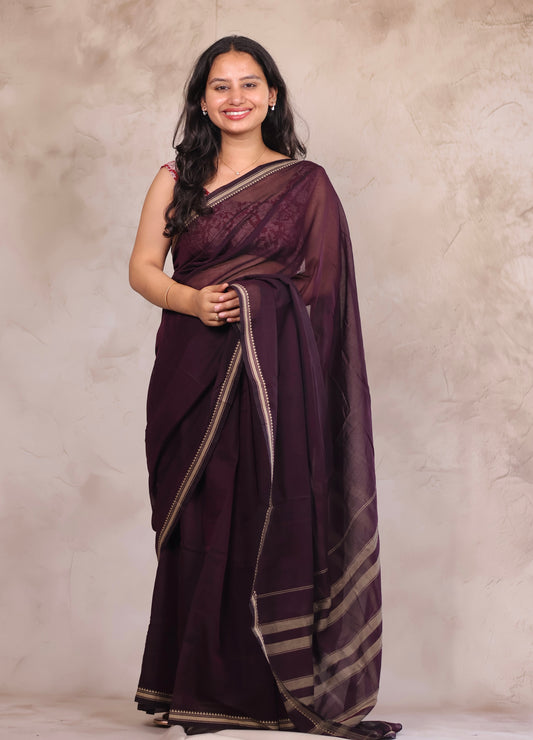 Wine Narayanpet Cotton Saree | Looms & Tassels