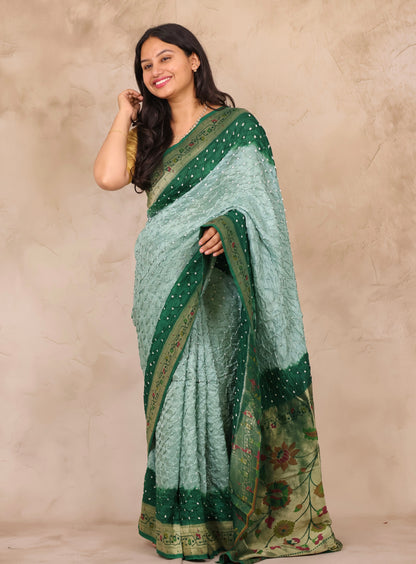 Green & Peach Handcrafted Bandhani Paithani Dola Silk Saree | Looms & Tassels