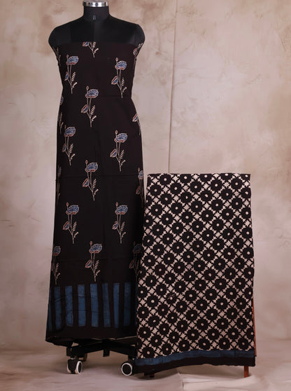 Black Ajrakh Handblock Printed Pure Cotton 2 Piece Suit Set | Looms & Tassels