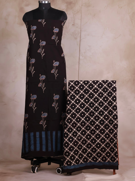 Black Ajrakh Handblock Printed Pure Cotton 2 Piece Suit Set | Looms & Tassels