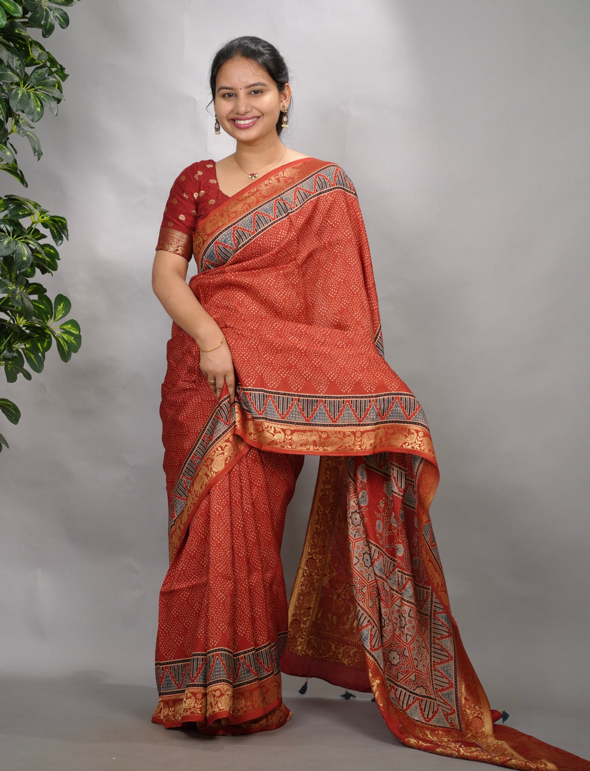 Maroon Ajrakh Handblock printed Dola Silk Saree| Looms & Tassels