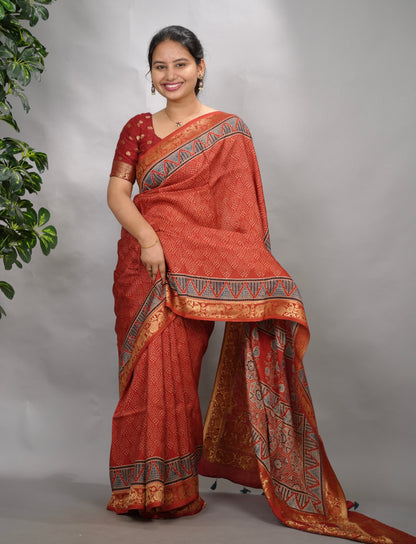 Maroon Ajrakh Handblock printed Dola Silk Saree| Looms & Tassels