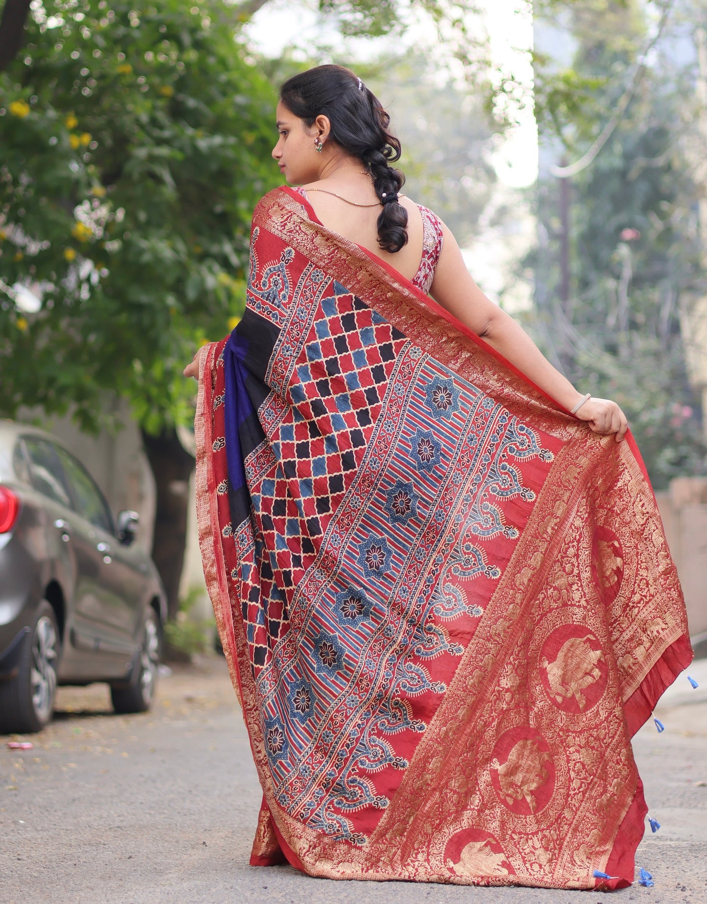 Ajrakh Dola Silk Saree
