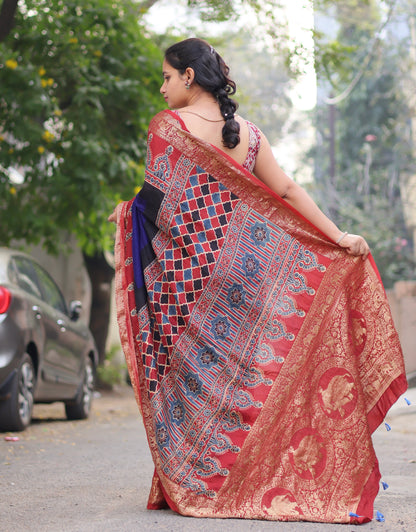 Ajrakh Dola Silk Saree