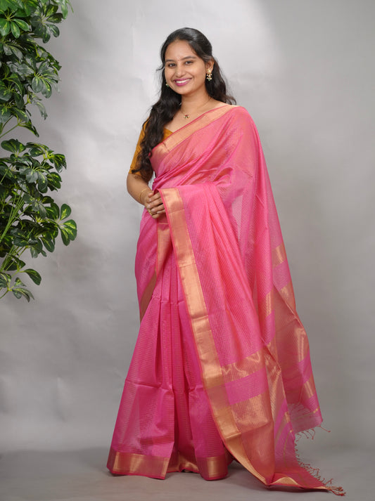 Pink Checks Handloom Maheswari Silk Cotton Sarees | Looms & Tassels
