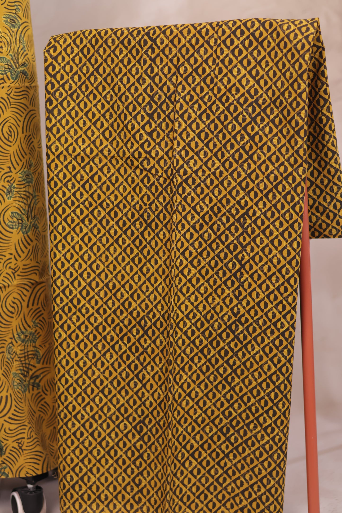 Yellow Ajrakh Handblock Printed Pure Cotton 3 piece suit set | Looms & Tassels