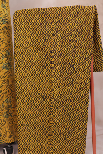 Yellow Ajrakh Handblock Printed Pure Cotton 3 piece suit set | Looms & Tassels