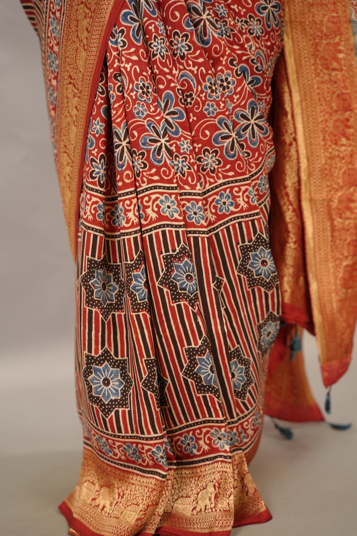 Red Ajrakh Handblock printed Dola Silk Saree | Looms & Tassels