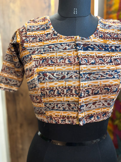 Round neck Stretchable Hand block printed kalamkari blouse with front hooks