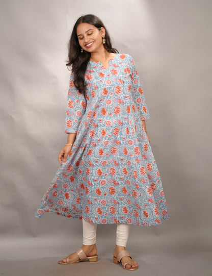 Ice Blue Pure Mul Cotton Kali Kurta  | Looms & Tassels