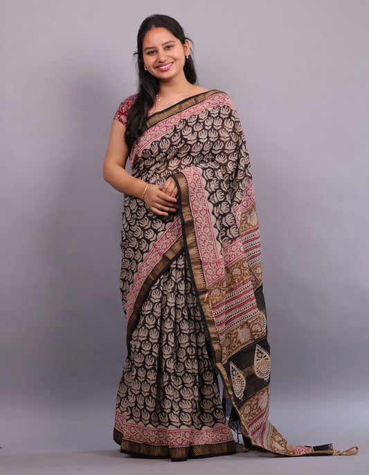 Black Bagru Hand Block Printed Maheswari Silk Cotton Saree