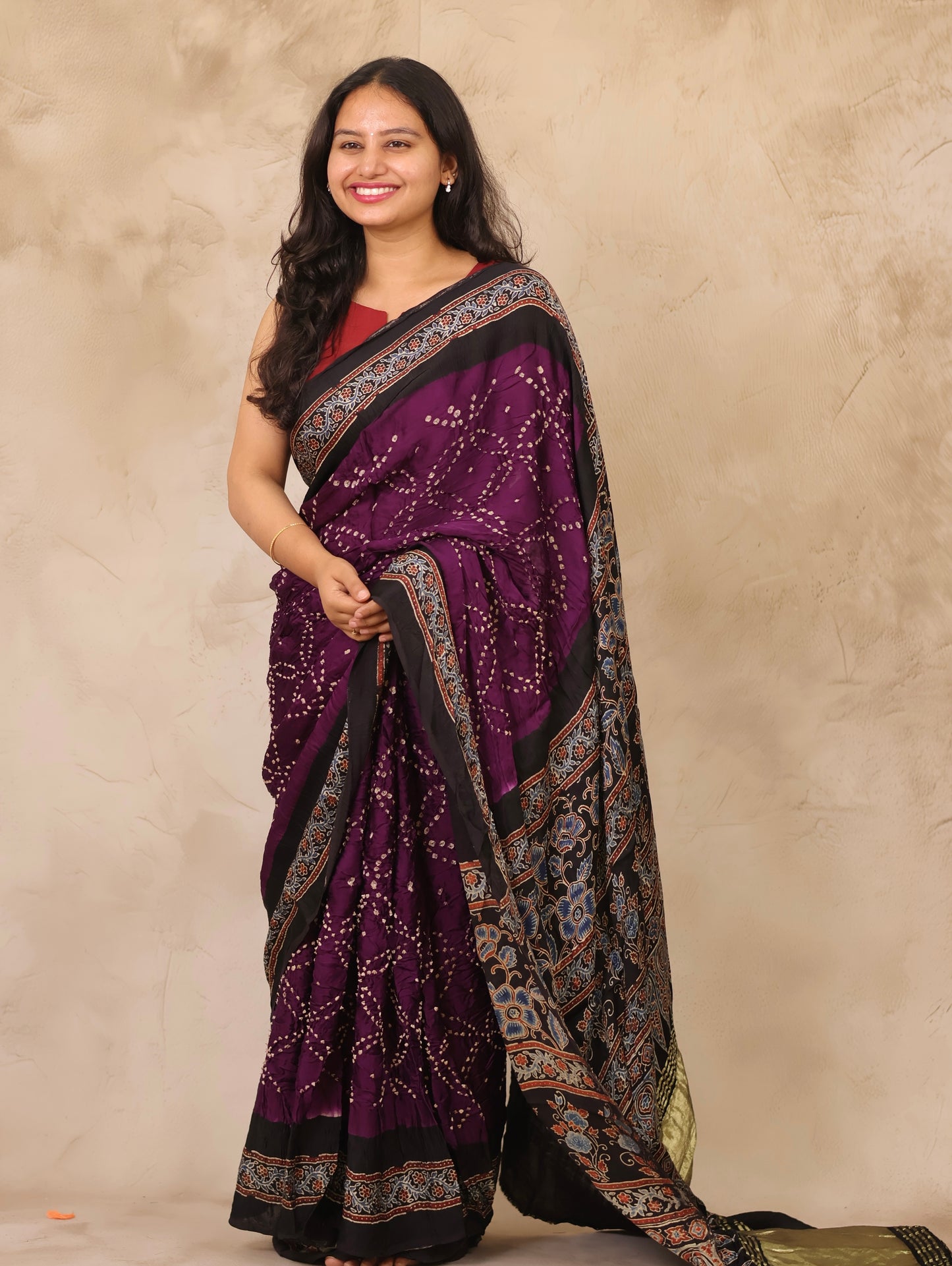 Jamun Hand Knotted Bandhej Arakh Modal Silk Saree with Lagdi Pallu | Looms & Tassels