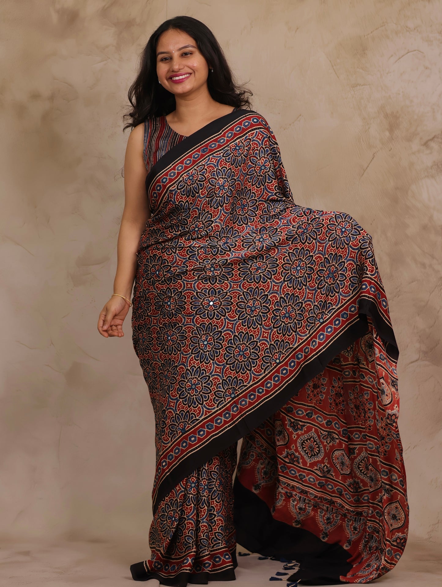 Red Handcrafted Ajrakh Modal Silk Saree with Authentic Banjara Mirror Work | Looms & Tassels